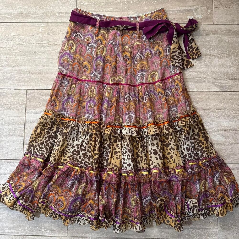 Vintage Y2K Silk Tiered Ruffle Gypsy Boho Maxi Skirt Sz 44 / M Cheetah paisley